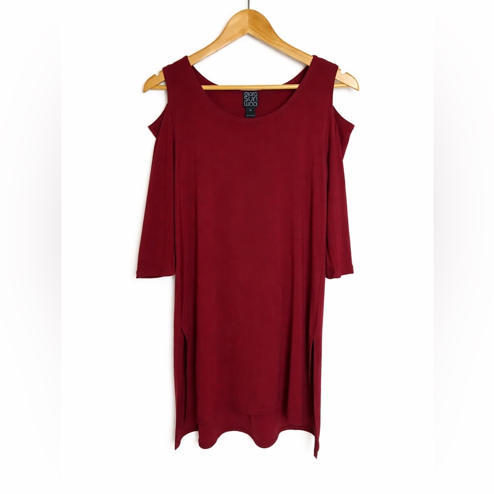 Clara Sun Woo Burgundy Cold-Shoulder Long Sleeve Midi Dress